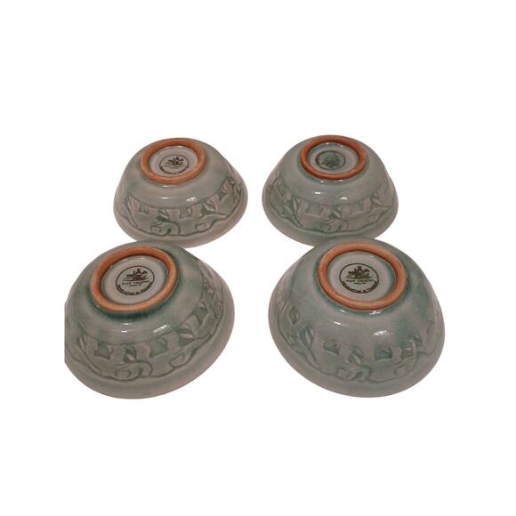 Set of 4 Baan Celadon ELEPHANTS Soup Bowls Green Glaze Pottery Rice Thailand - Picture 12 of 16